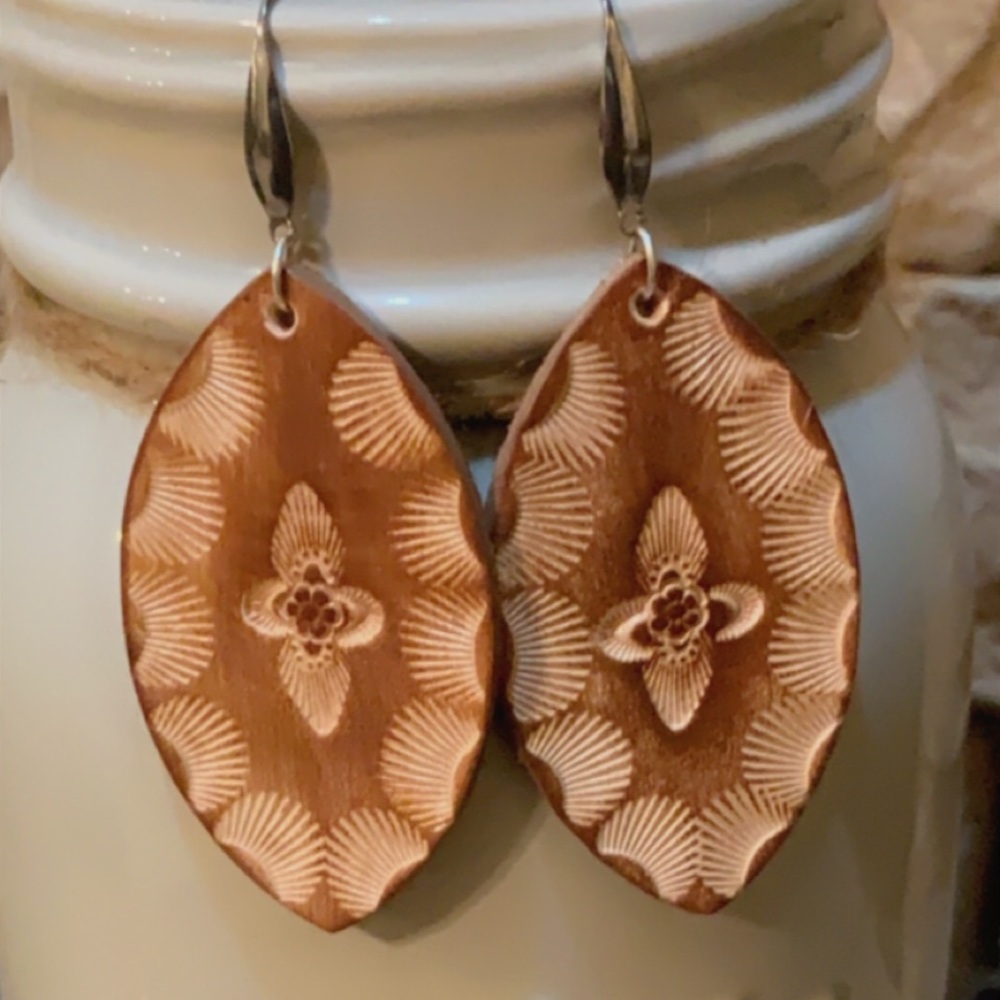 Genuine Leather handmade and tooled earrings.